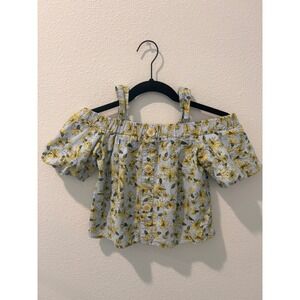 Zara Kids Girls Floral Cold Shoulder Top Blue Yellow Daisy Button Front Size 8